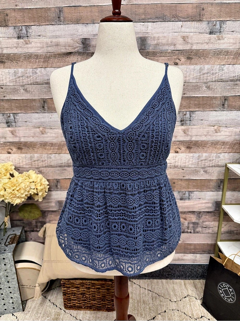 Abercrombie & Fitch blue crochet camo top XL